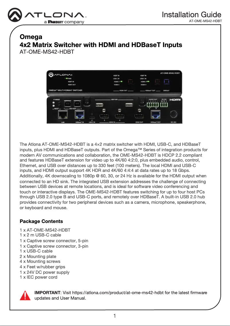 Page 1 de la notice Guide d'installation Atlona AT-OME-MS42-HDBT