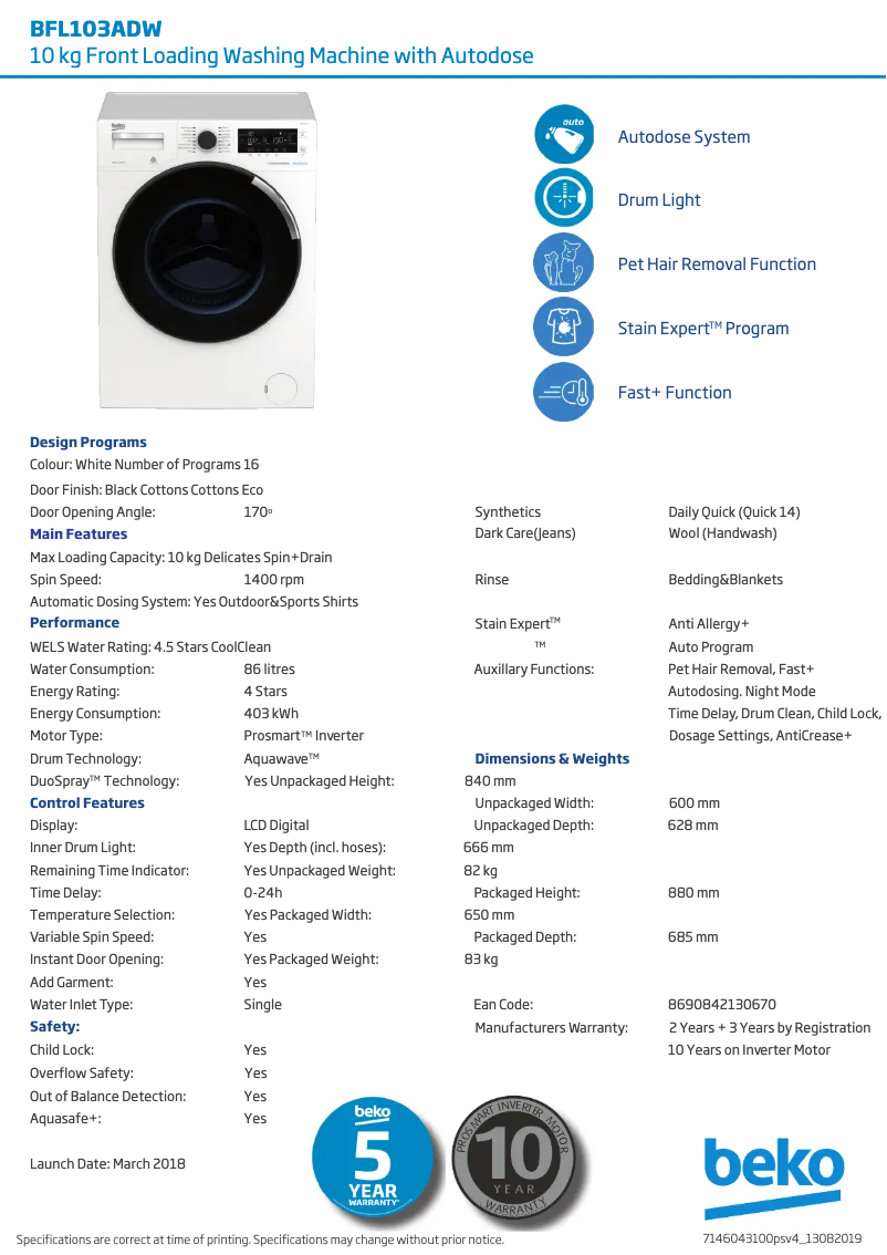 Page 1 de la notice Fiche technique Beko BFL103ADW