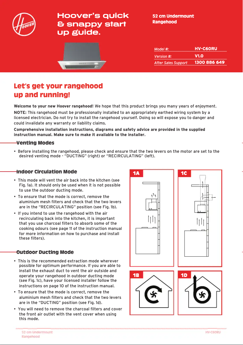 Page 1 de la notice Guide de démarrage rapide Hoover HV-C60RU