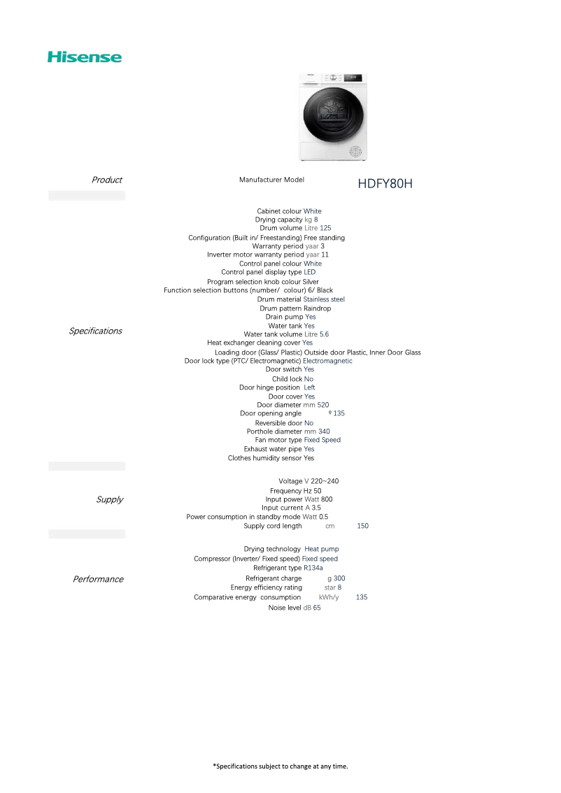 Page n°1 - Fiche technique Hisense HDFY80H