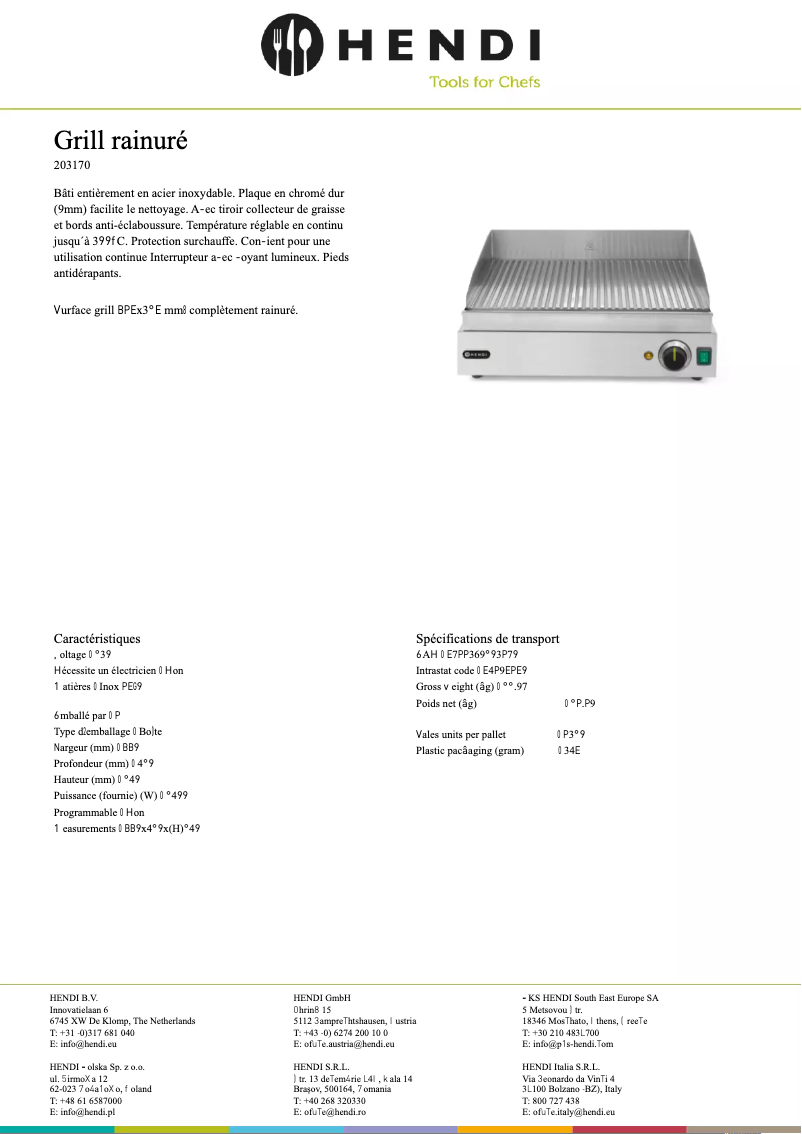 Page 1 de la notice Fiche technique Hendi 203170