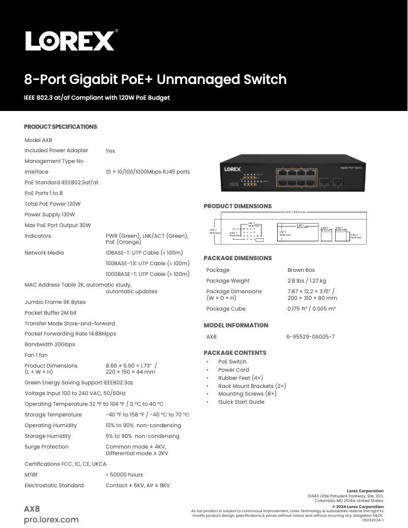 Página 1 del manual Ficha técnica Lorex AX8