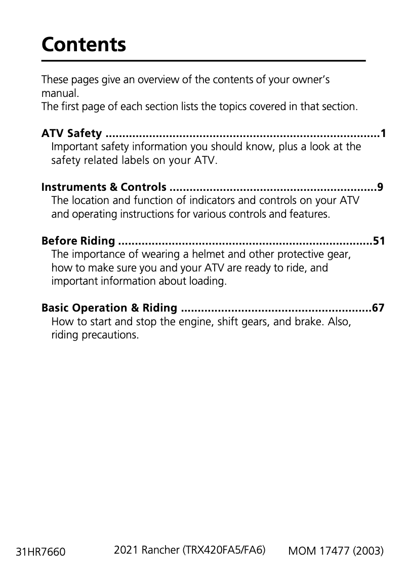 Página 1 del manual Manual de usuario Honda FourTrax Rancher TRX420 (2021)