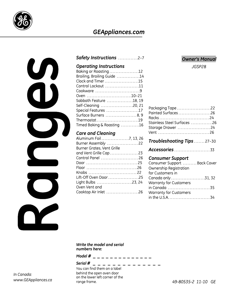 Page n°1 - Manuel d'utilisation et d'entretien GE JGSP28DENWW