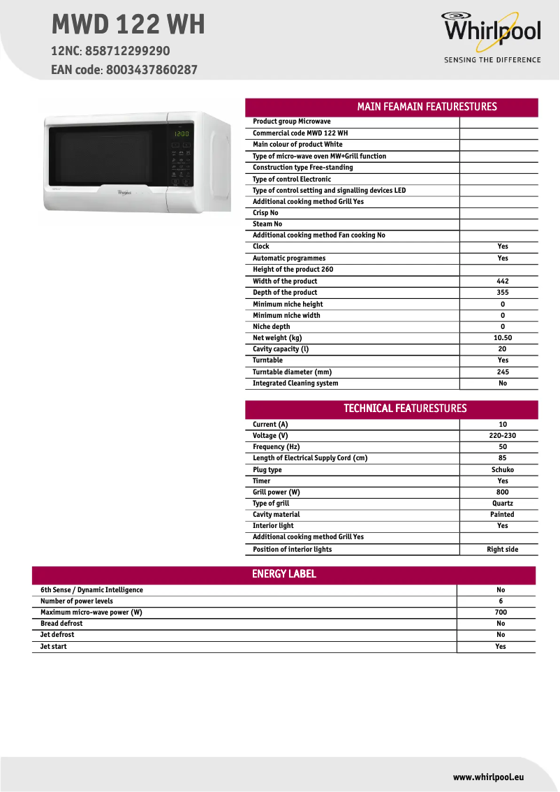 Page 1 de la notice Fiche technique Whirlpool MWD122WH