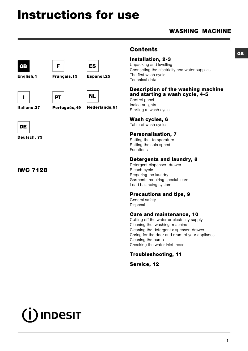 Image de la première page du manuel de l'appareil IWC7128WE