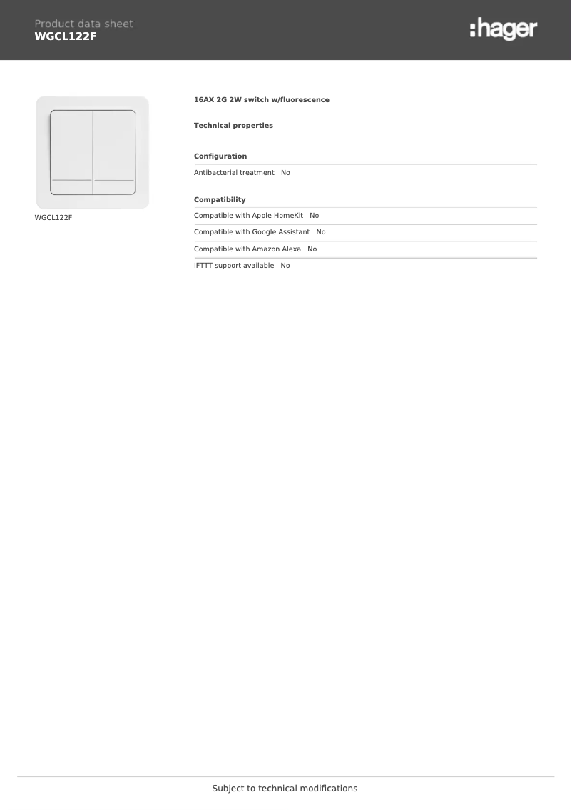 Page n°1 - Fiche technique Hager WGCL122F