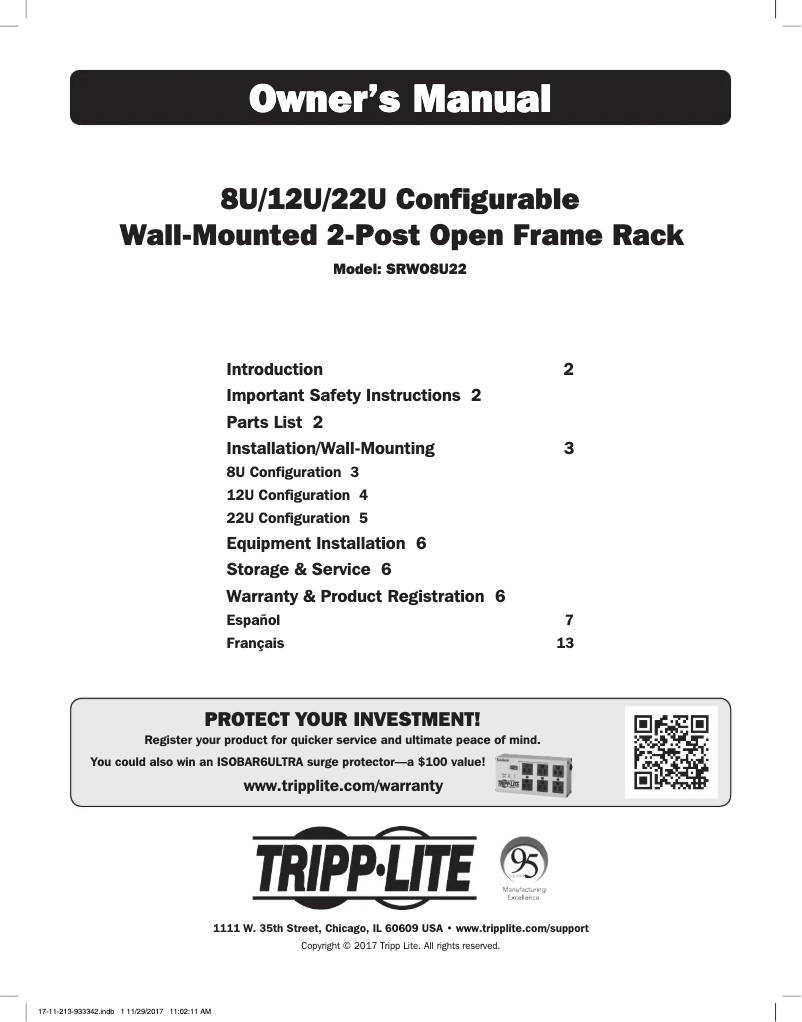 Page 1 de la notice Manuel utilisateur Tripp Lite SmartRack SRWO8U22SD