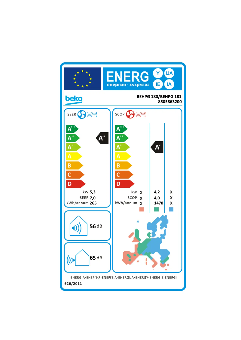 Page 1 de la notice Label énergétique Beko BEHPG 180/ BEHPG 181