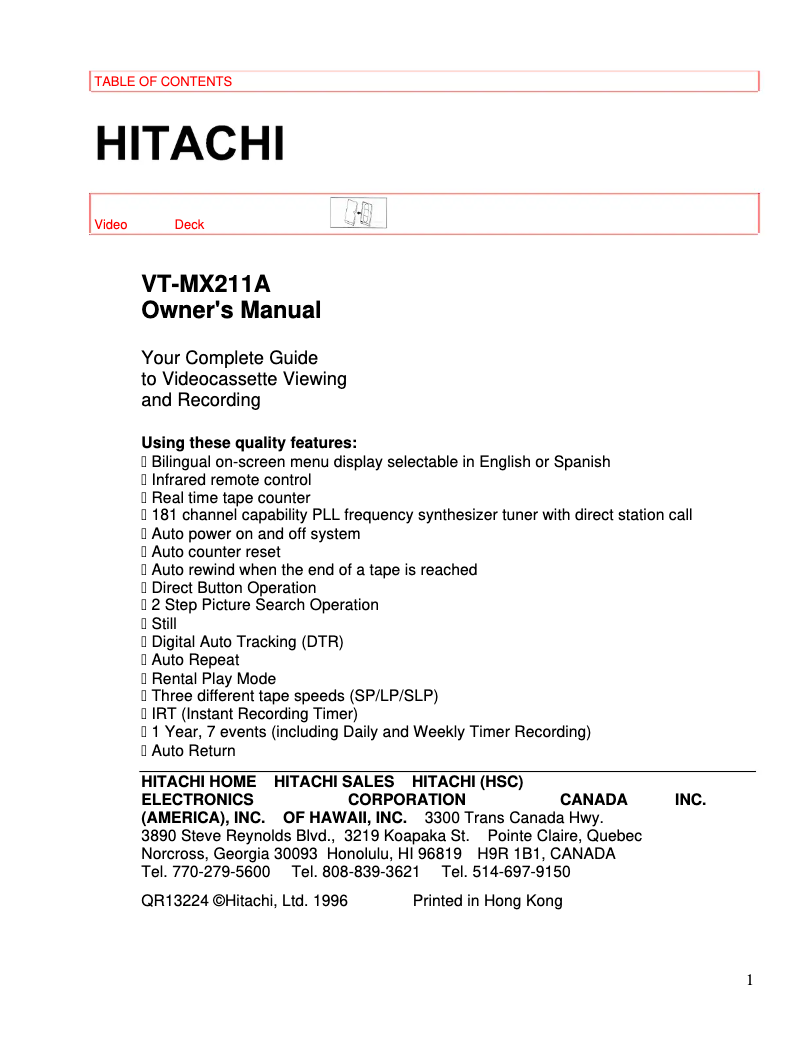 Page n°1 - Manuel utilisateur Hitachi VT-MX211A