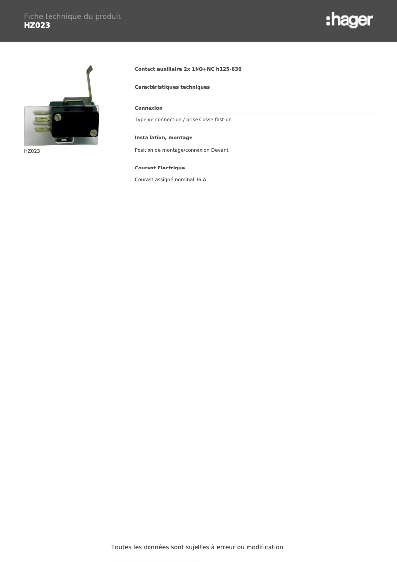 Page n°1 - Fiche technique Hager HZ023