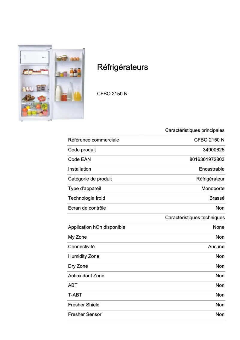 Page 1 de la notice Fiche technique Candy CFBO 2150 N