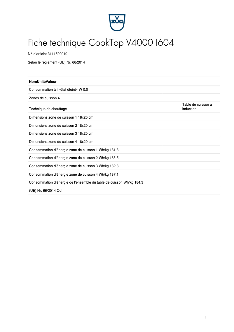 Page 1 de la notice Fiche technique V-Zug CookTop V4000 I604