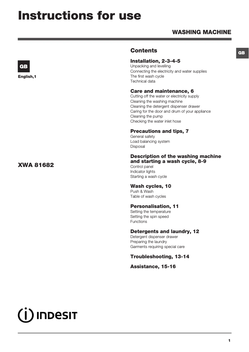 Image de la première page du manuel de l'appareil XWA 81682X S UK