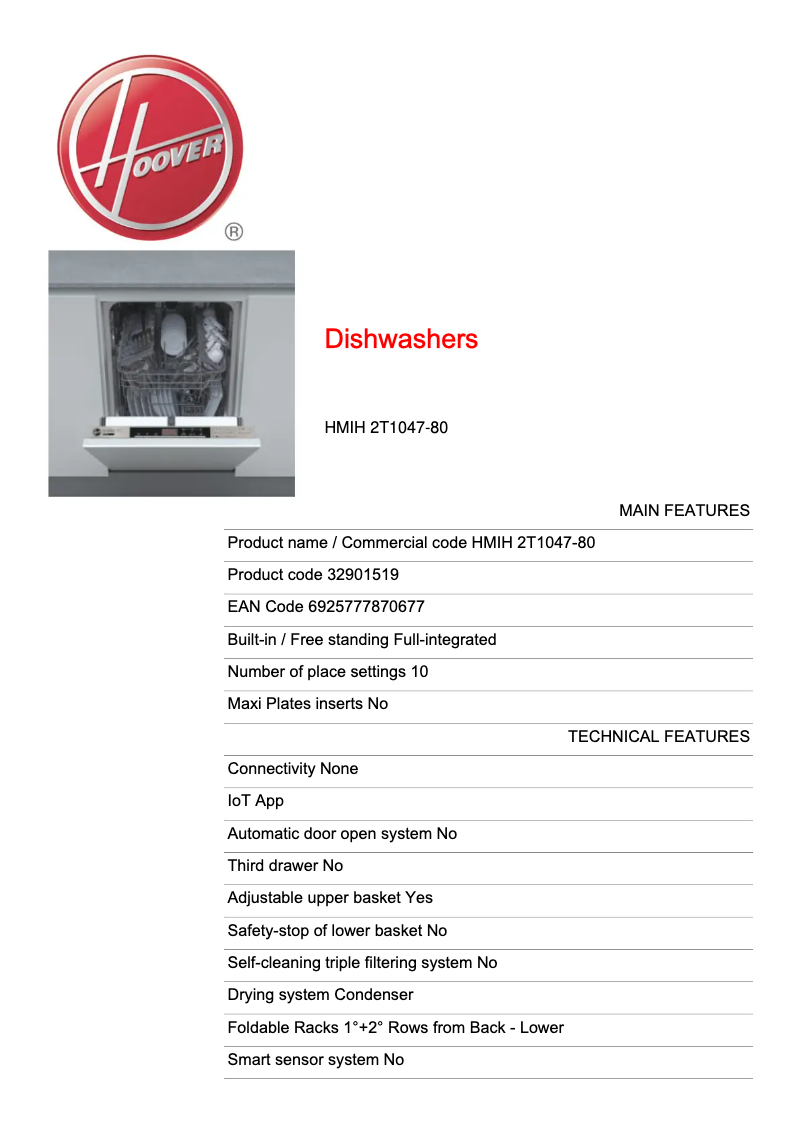 Página 1 del manual Ficha técnica Hoover HMIH 2T1047-80