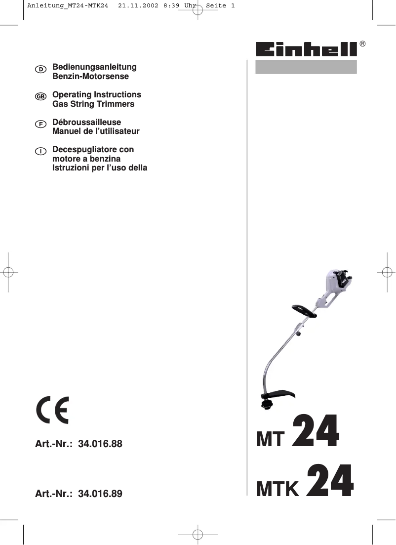 Page n°1 - Manuel utilisateur Einhell MTK 24