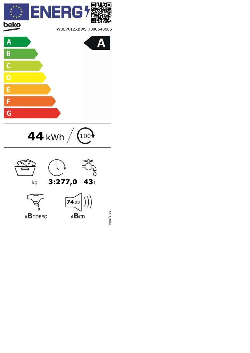 Page 1 de la notice Label énergétique Beko WUE7612XBWS