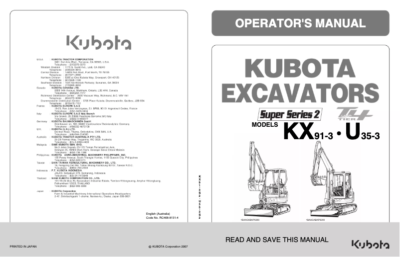 Page n°1 - Manuel utilisateur Kubota KX91-3