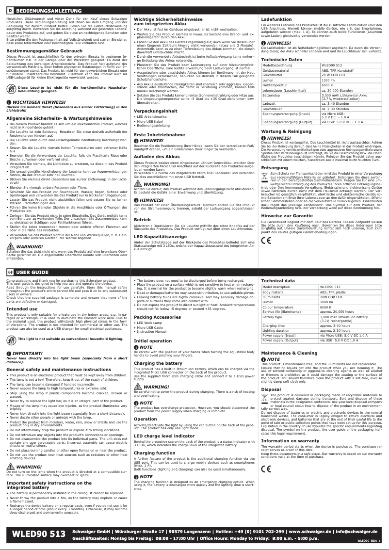 Page n°1 - Manuel utilisateur Schwaiger WLED90 513