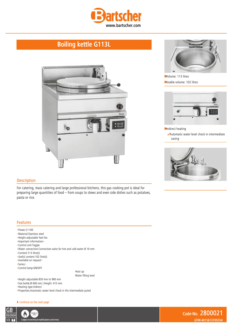 Page n°1 - Fiche technique Bartscher G113L