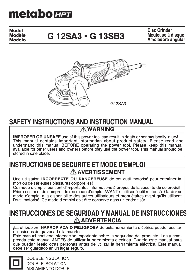 Page 1 de la notice Manuel utilisateur HiKOKI G12SA3