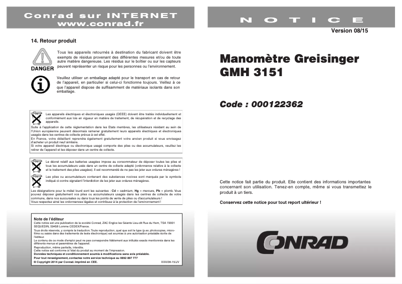 Page 1 de la notice Manuel utilisateur Greisinger GMH 3151