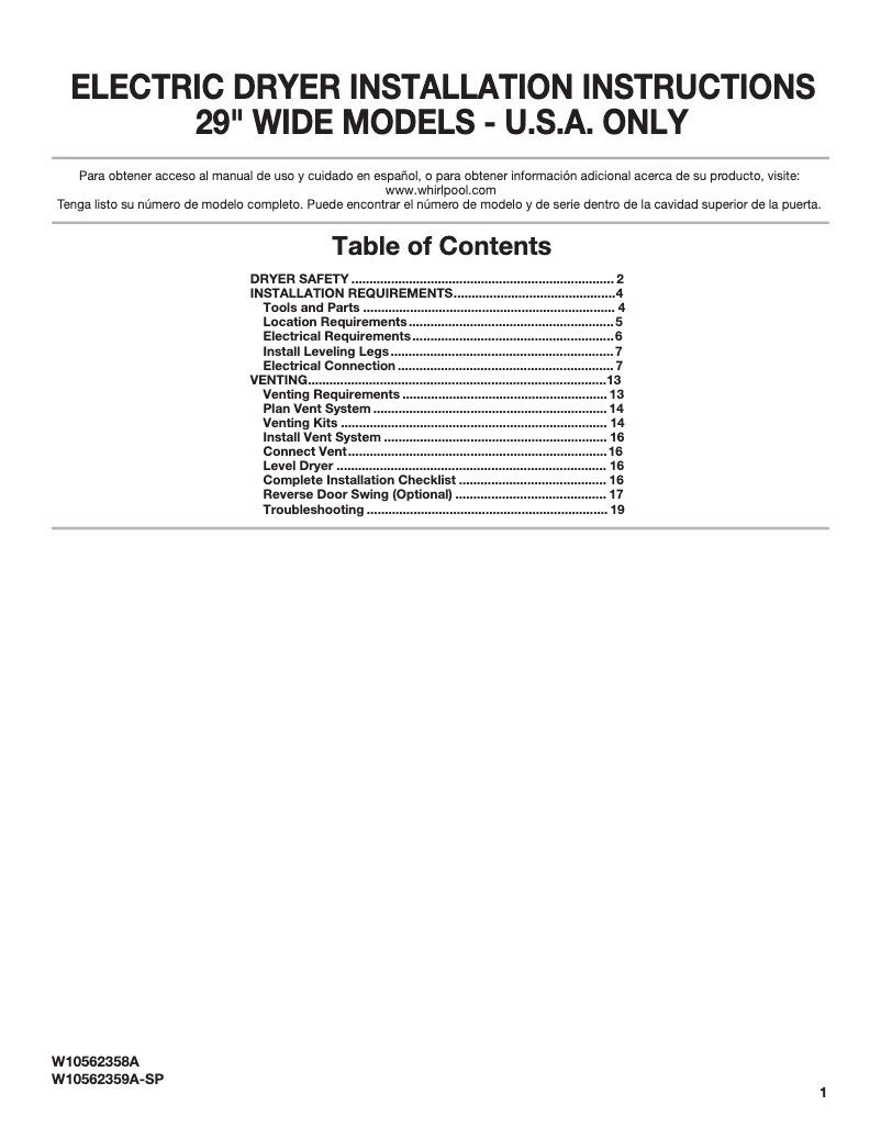 Page n°1 - Guide d'installation Maytag MEDX655D