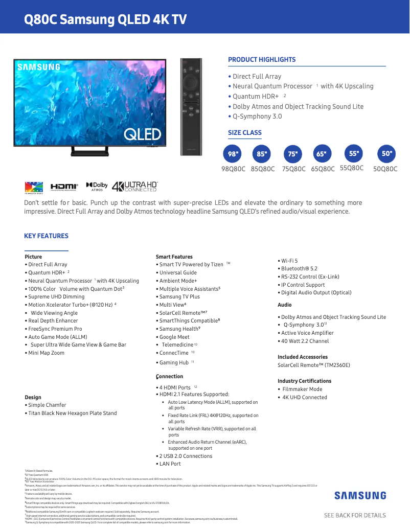 Page 1 de la notice Fiche technique Samsung QN55Q80CAF