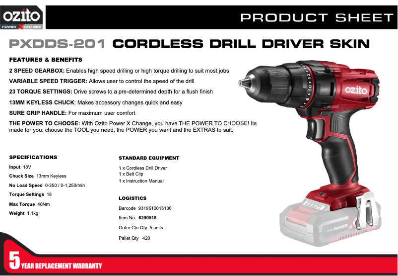 Page 1 de la notice Fiche technique Ozito PXDDS-201