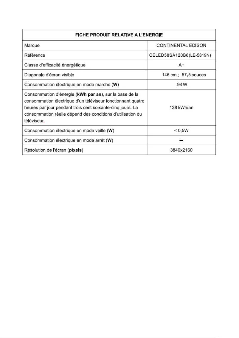 Page n°1 - Manuel utilisateur Continental Edison CELED58SA120B6
