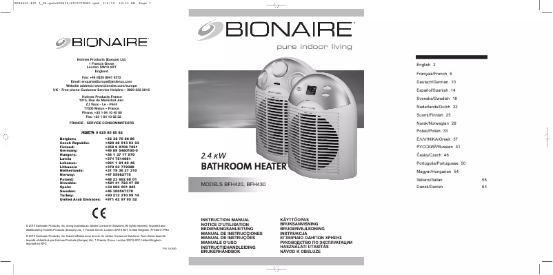 Page 1 de la notice Manuel utilisateur Bionaire BFH420