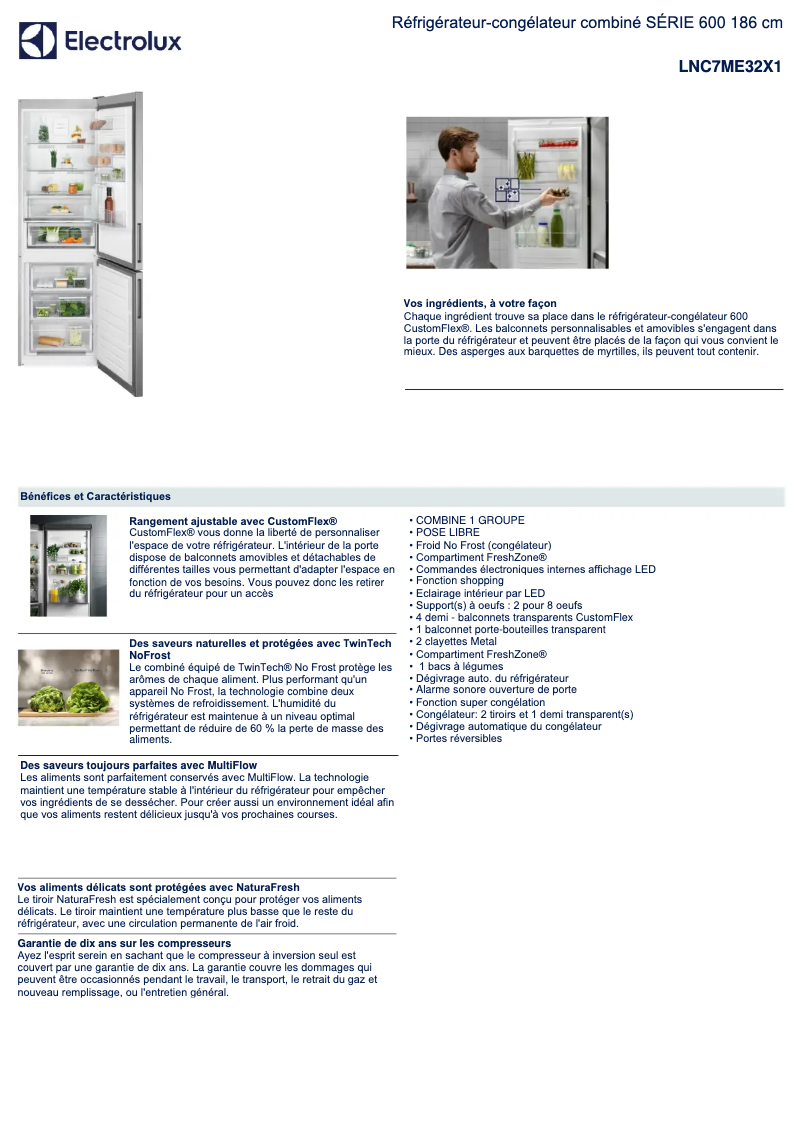 Page 1 de la notice Fiche technique Electrolux LNC7ME32X1