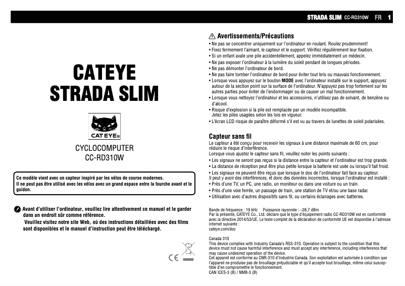 Page 1 de la notice Manuel utilisateur Cateye Strada Slim CC-RD310W