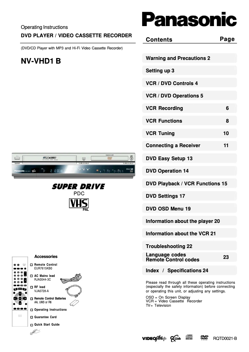 Imagen de la primera página del manual del dispositivo NV-VHD1B