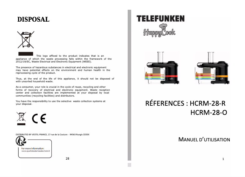 Image de la première page du manuel de l'appareil HappyCook HCRM-28-R