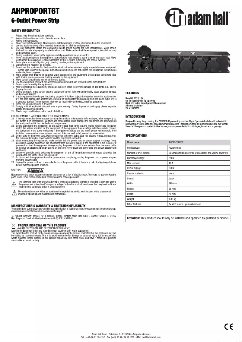 Page n°1 - Manuel utilisateur Adam Hall AHPROPORT6T