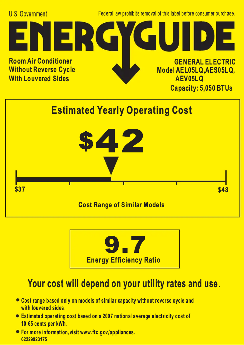 Page 1 de la notice Label énergétique GE AEV05LQ
