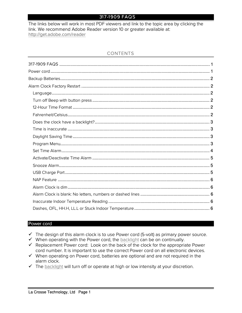 Page 1 de la notice FAQ La Crosse Technology 317-1909