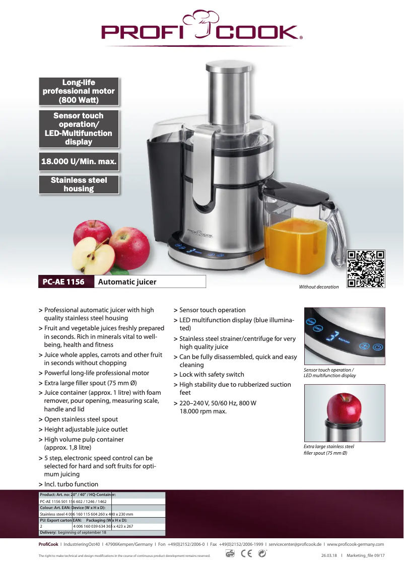 Página 1 del manual Ficha técnica ProfiCook PC-AE 1156