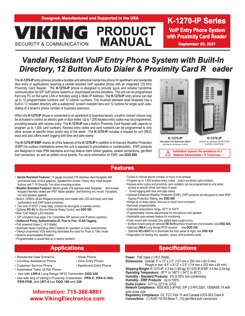 Page 1 de la notice Manuel utilisateur Viking K-1270-IP-EWP