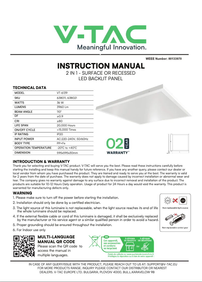 Page 1 de la notice Manuel utilisateur V-TAC VT-6139