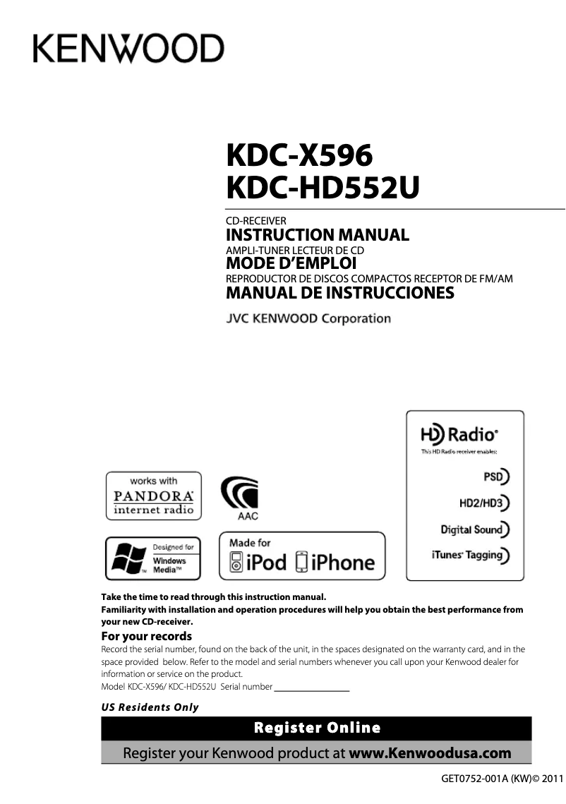 Image de la première page du manuel de l'appareil KDC-HD552U
