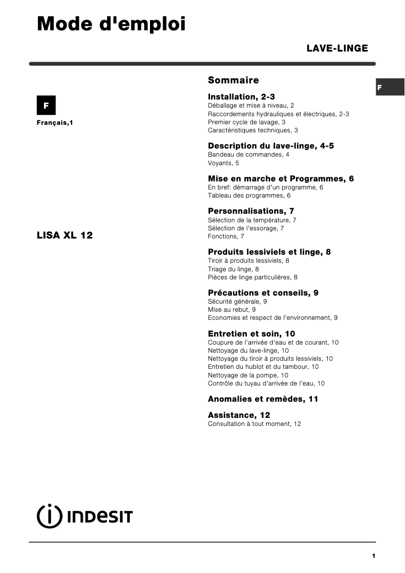 Page n°1 - Manuel utilisateur Indesit Lisa xl 12
