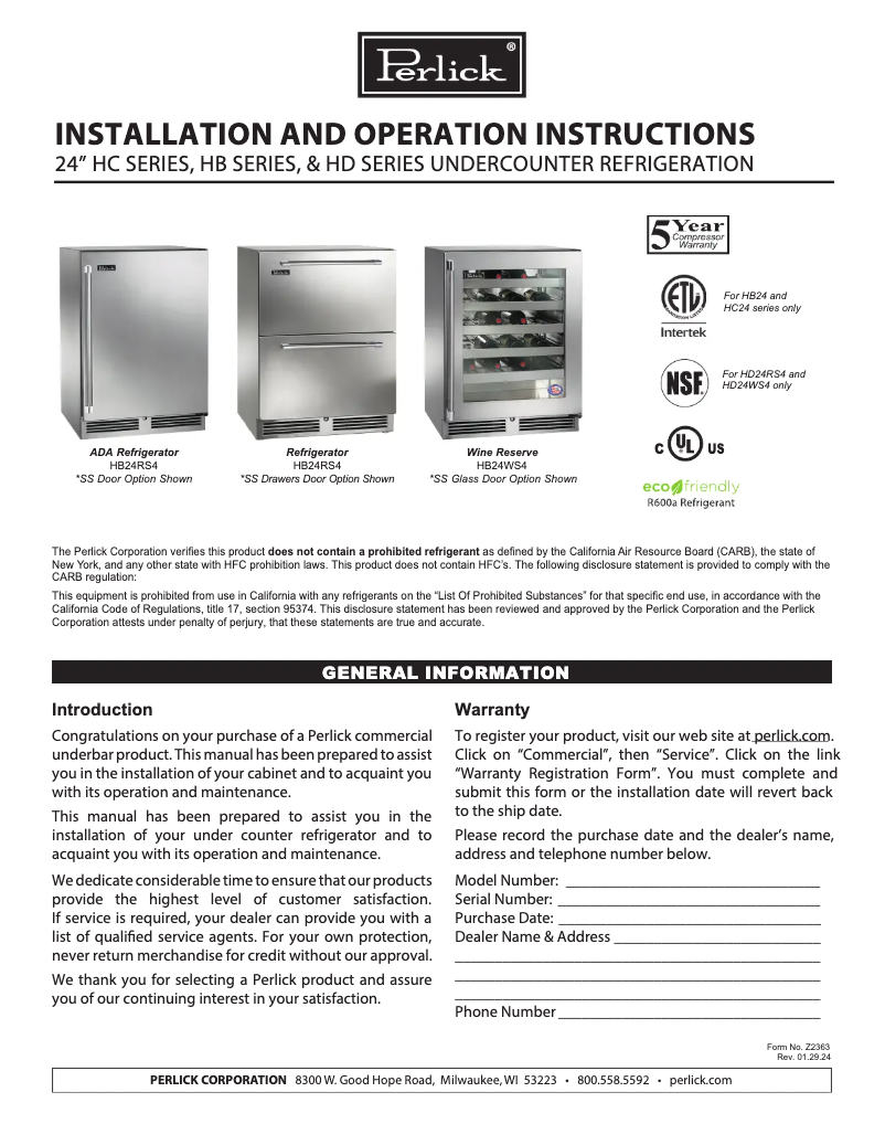 Page 1 de la notice Manuel utilisateur Perlick HC24RS4S-I0-SLFLT