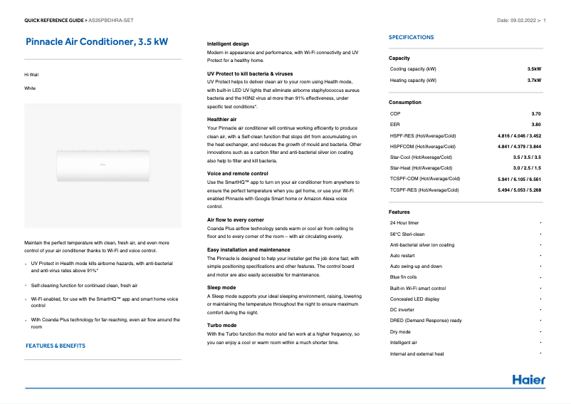 Page n°1 - Fiche technique Haier AS35PBDHRA