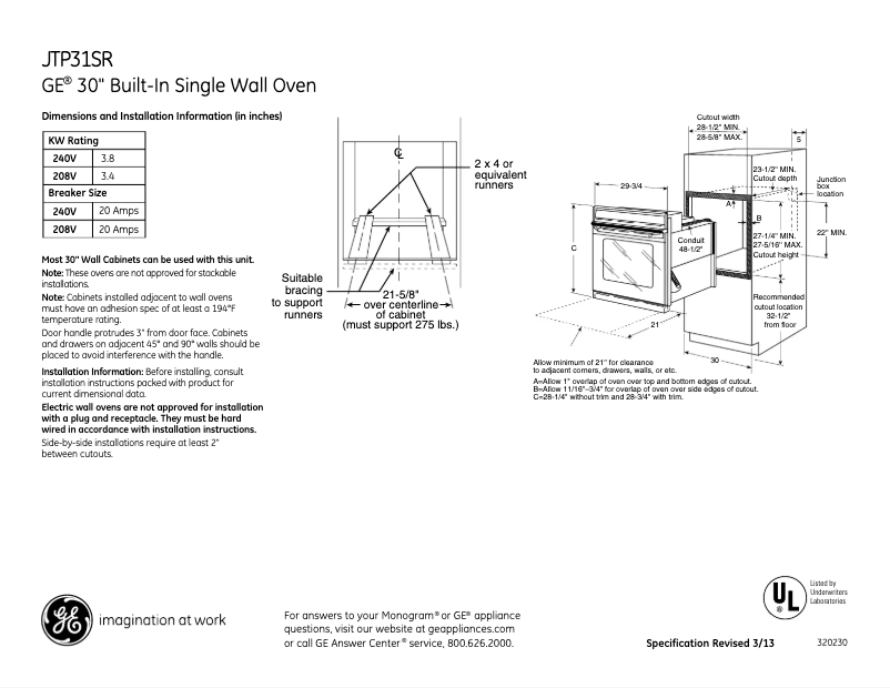 Page n°1 - Fiche technique GE JTP31SRSS