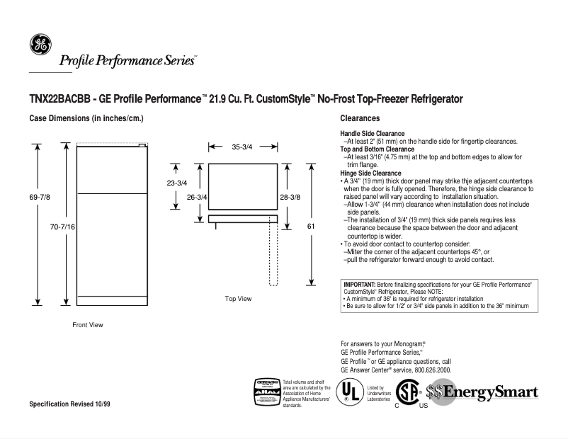 Page n°1 - Fiche technique GE Profile Performance TNX22BACRBB