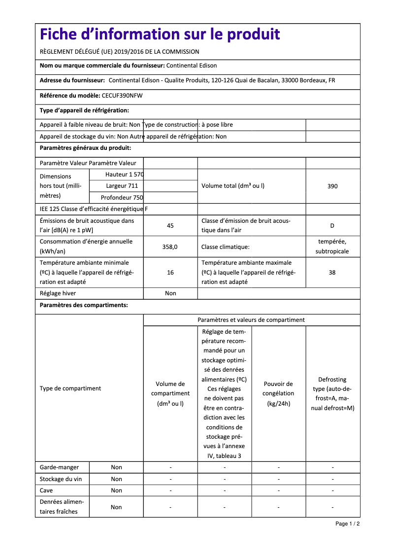 Page n°1 - Label énergétique Continental Edison CECUF390NFW