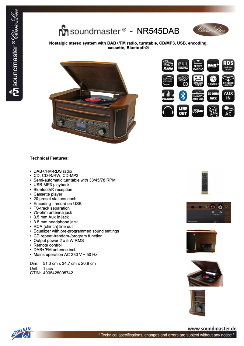 Page 1 de la notice Fiche technique Soundmaster NR545DAB