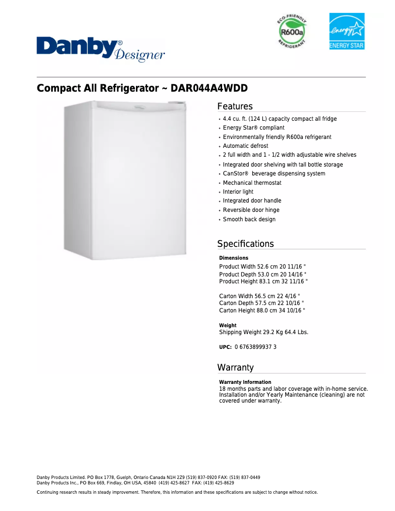 Page n°1 - Fiche technique Danby DAR044A4WDD